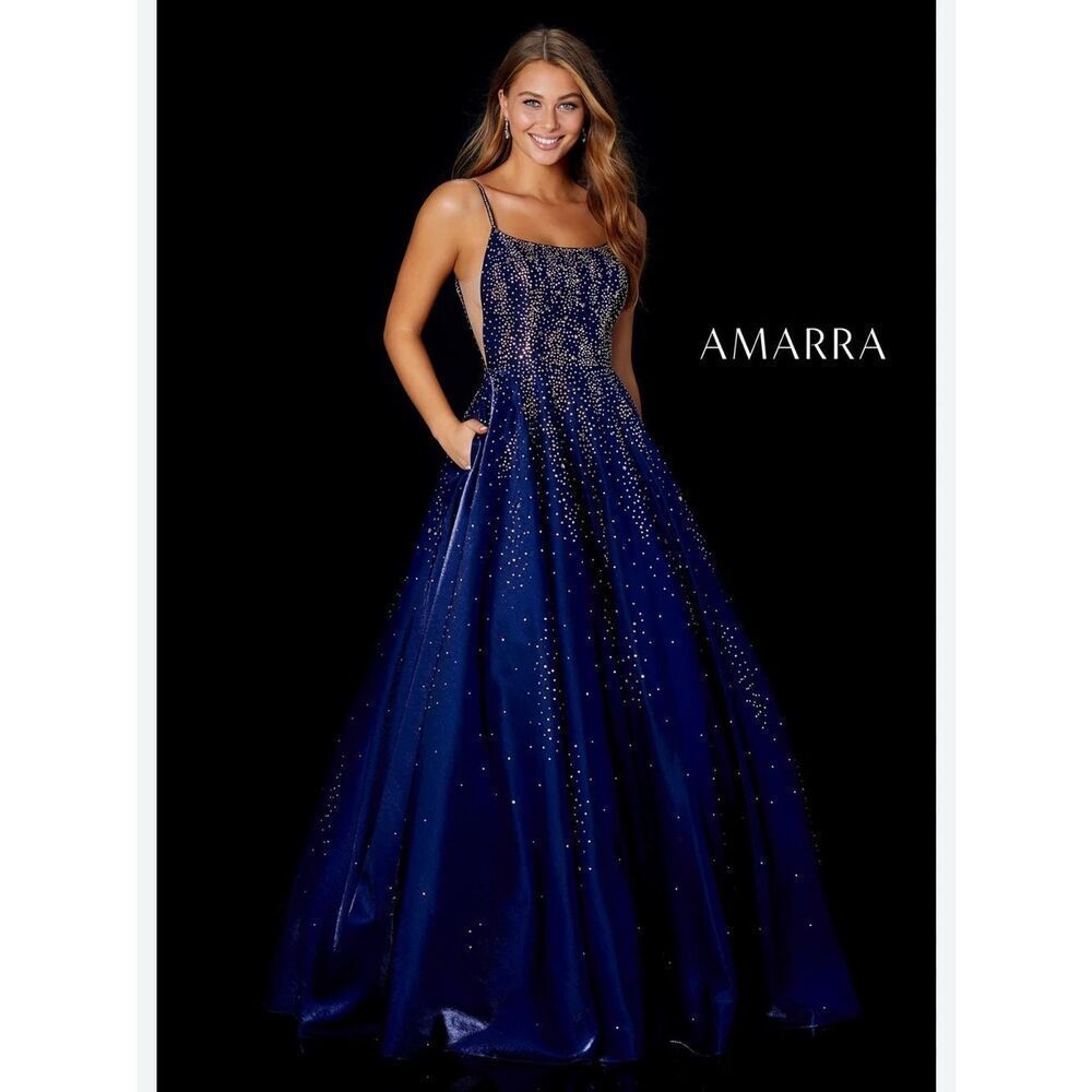 Elegant Navy Blue Beaded Spaghetti-Strap Prom Dress Size 8